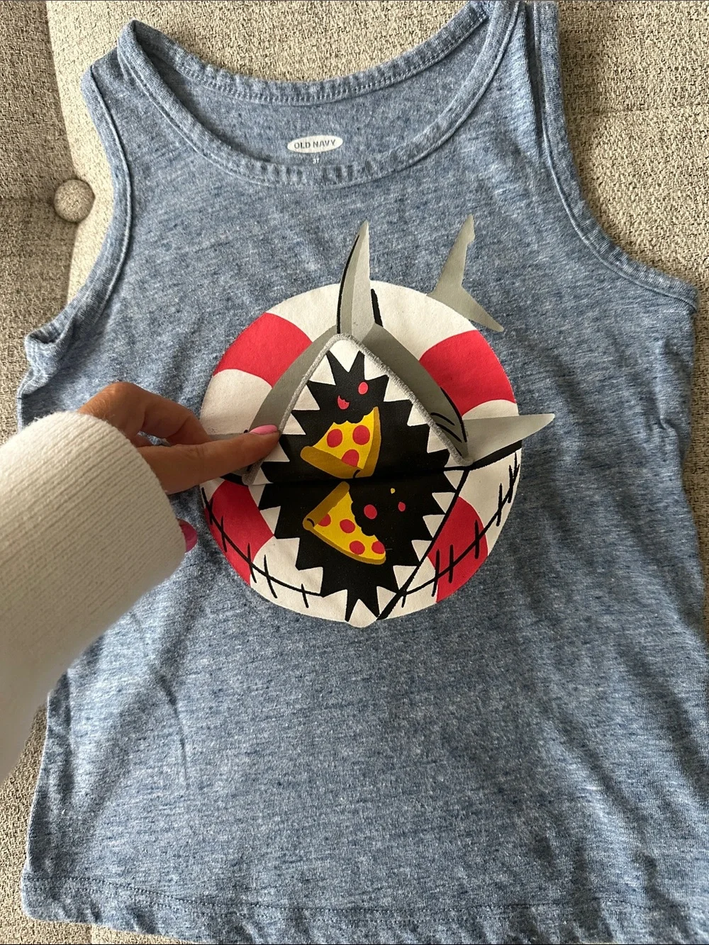 Old Navy Heather Blue Tank with Shark and Red Lifebuoy